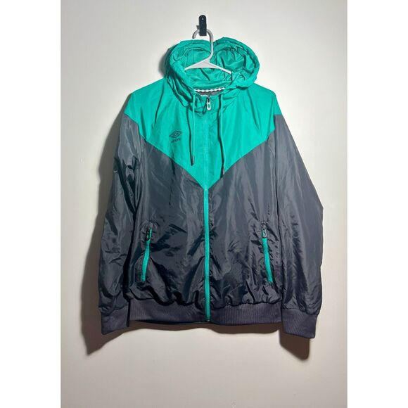 Umbro Men’s Windbreaker Jacket Size M Gray Teal Colorblock Hooded Full Zip - Picture 1 of 5